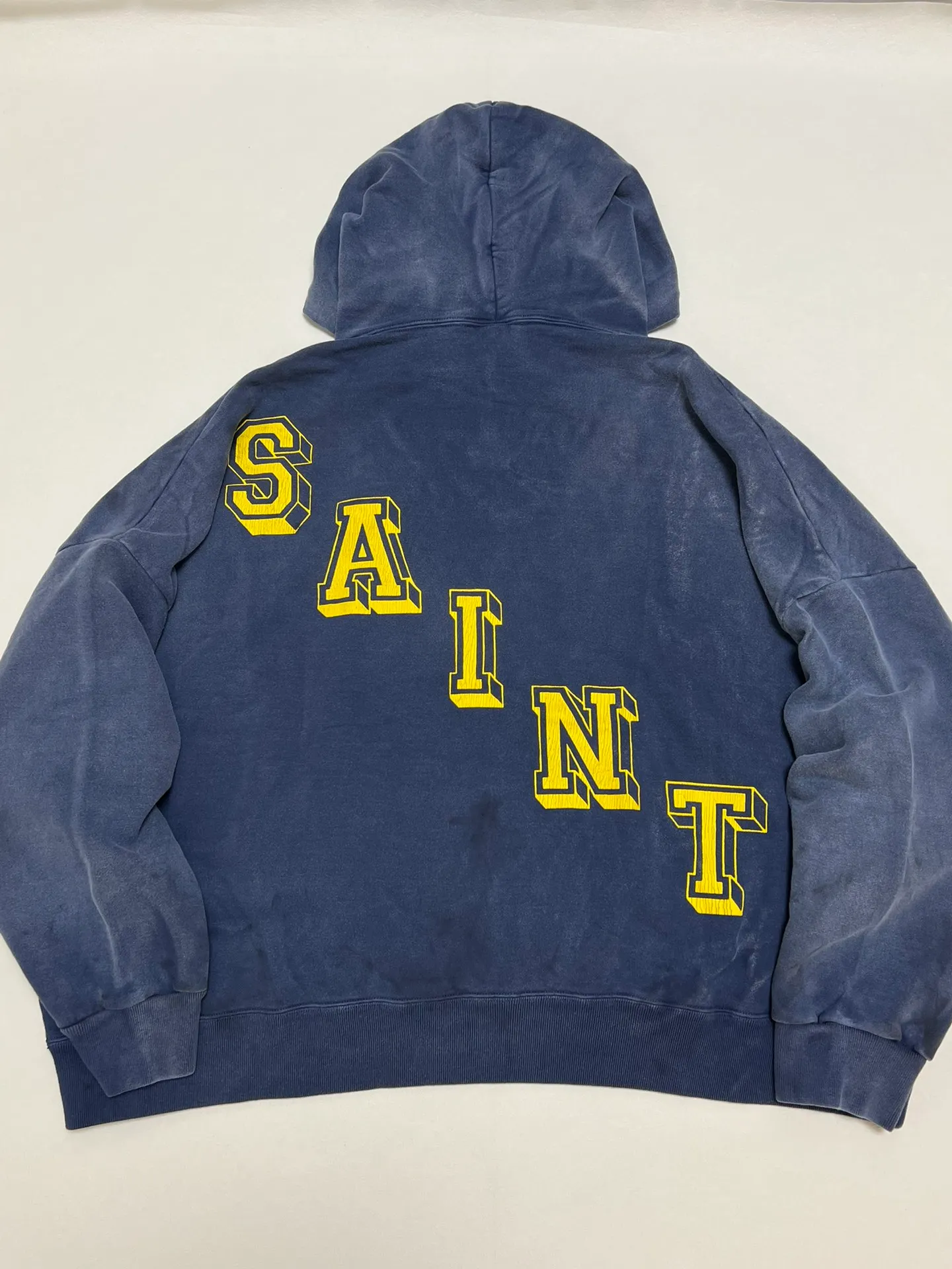 SAINT M×××××× ANGEL HOODIE/NAVY Angel Reborn Blue Hoodie Washed Blue S-XL Assute Garment Dyeing Full Clothes Water Fading Mud Dyeing Dirty Distress New Vintage Ceiling God Tailoring Original Super Loose Fit Customized Original Accessories God-level Print Restoration